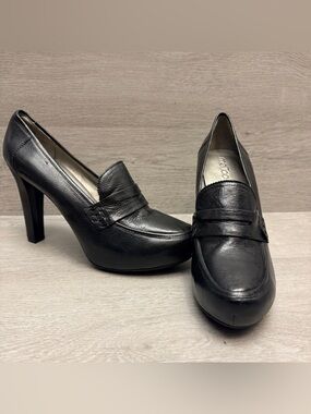me Too Platform Penny Loafer Pumps Black Leather Office Siren Mod Y2K Heel 9.5M